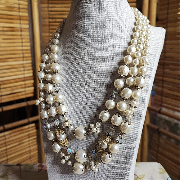 Three 3 Strand Faux Pearl Gold Tone Collar Necklace Clear AB Beads Japan Clasp - Picture 2 of 16